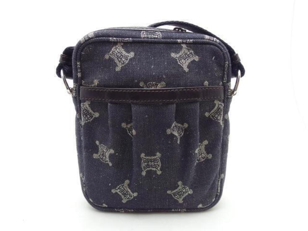 Celine Paris Macadam Shoulder Bag Navy Blue Denim Canvas Leather